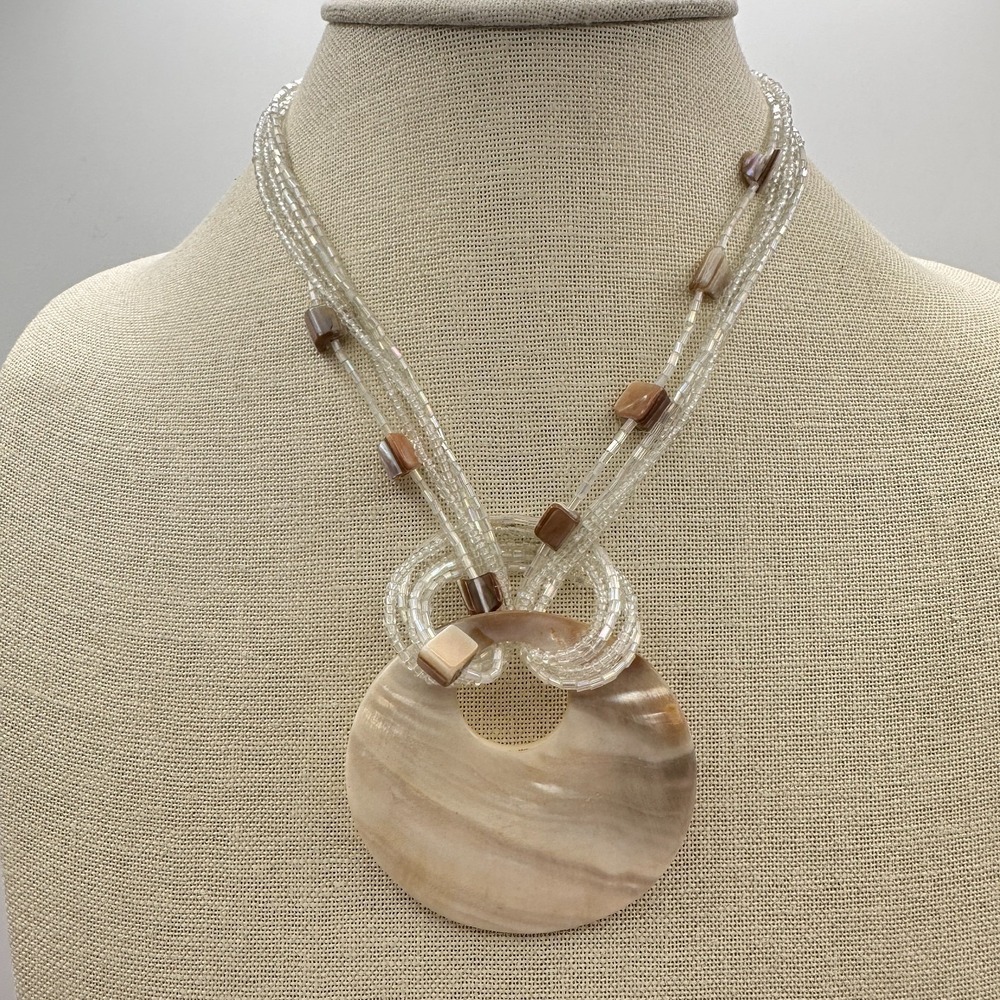 Vintage Y2K Multi-strand Pearl Shell Pendant Necklace Silver Tone Jewelry